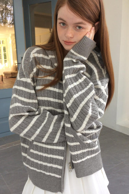 Vintage Gray Striped Hoodie Cardigan
