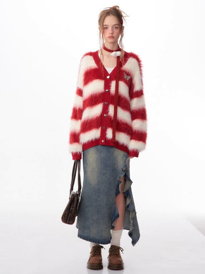 Sticky Chunky Red Striped Knit Sweater Cardigan