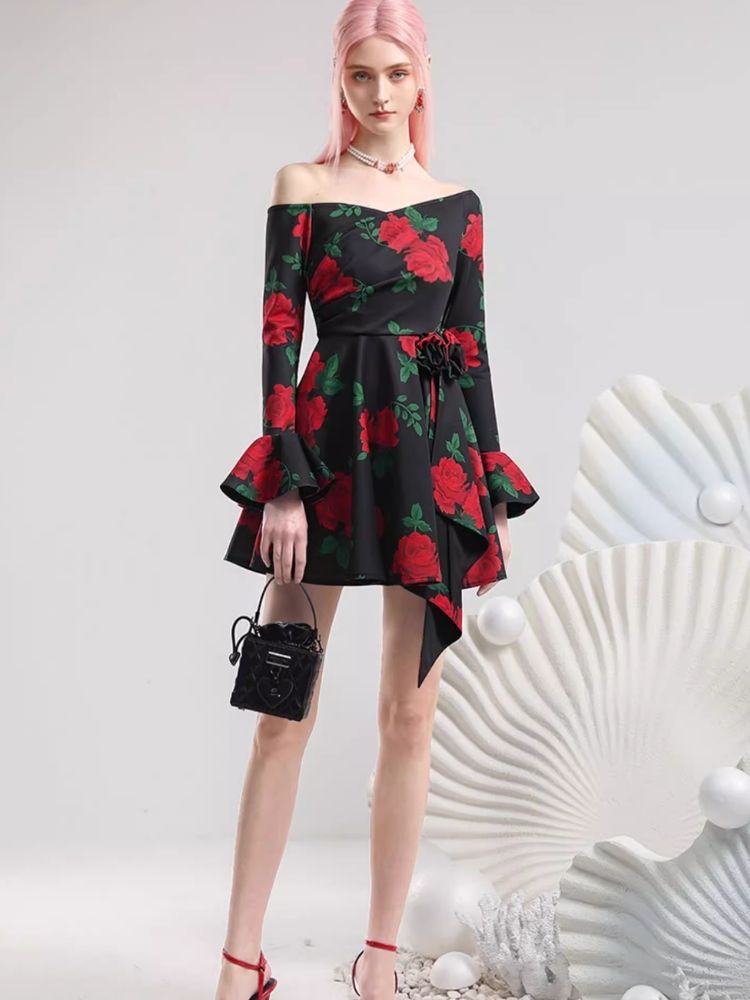 Slant Shoulder Neck Pop Big Flower Dresses