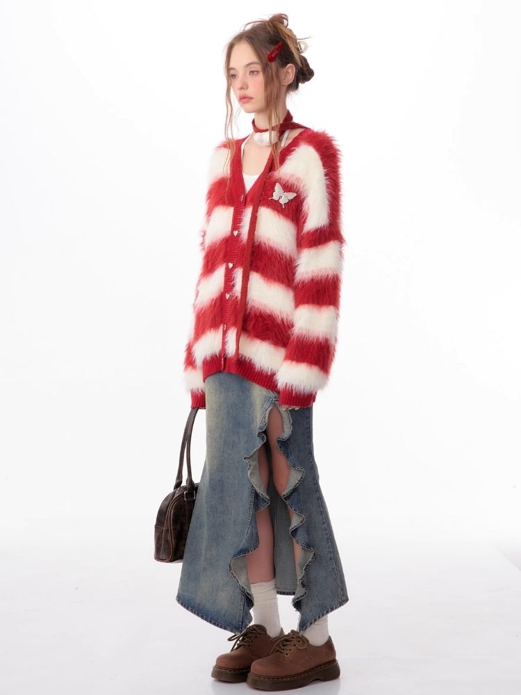 Sticky Chunky Red Striped Knit Sweater Cardigan