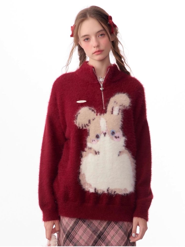 Half High Neck Plush Rabbit Red Sweater