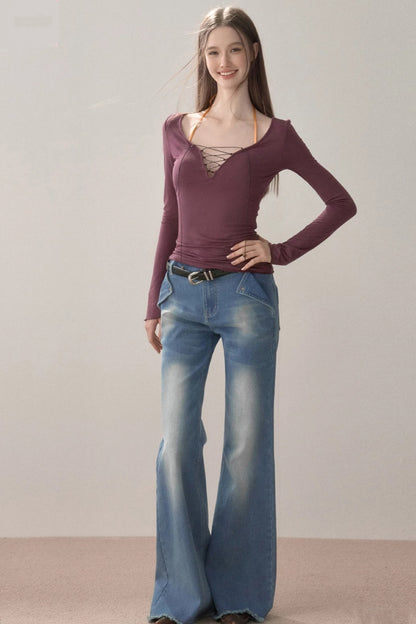 Vintage Letter Print Flared Jeans