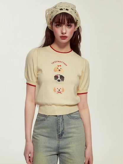 Puppy Embroidery Pullover Knit Short Sleeve