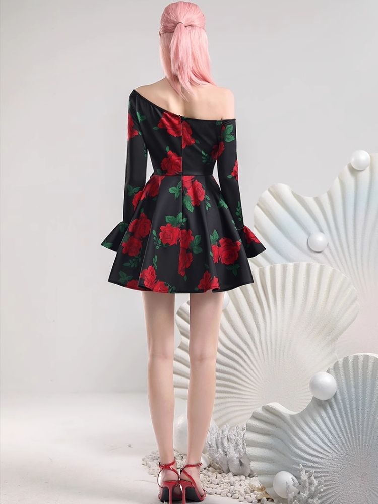 Slant Shoulder Neck Pop Big Flower Dresses