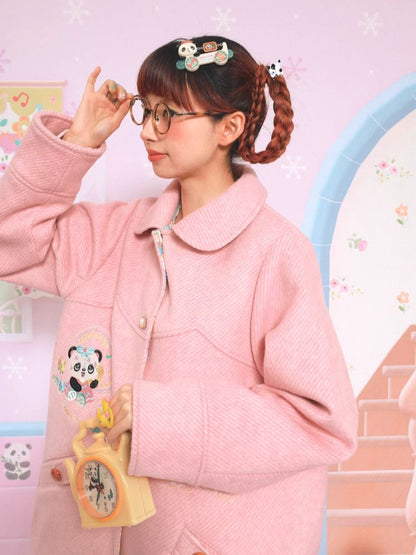 Panda embroidery mid-length coat