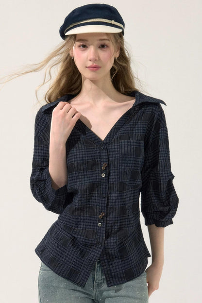 Sweet Plaid Mid-Sleeve Blouse