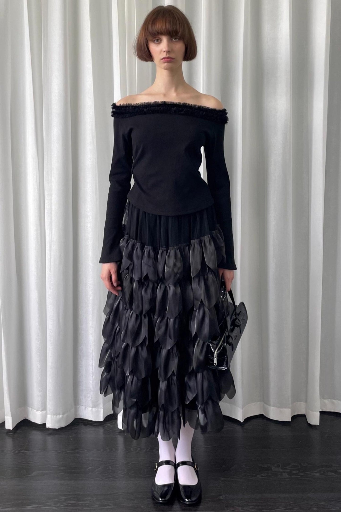 Petal Black Mesh Midi Skirt