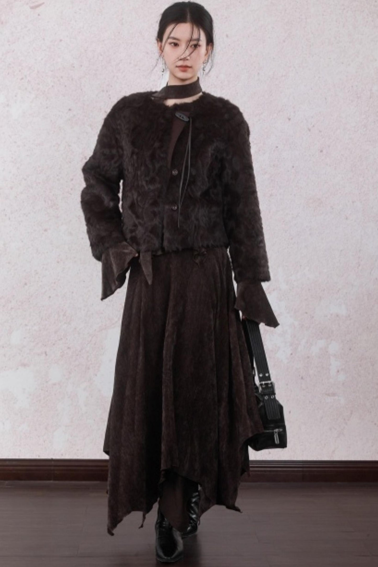 Curved Berry Brown Plush Jacket