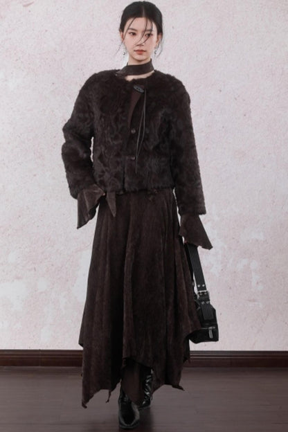 Curved Berry Brown Plush Jacket