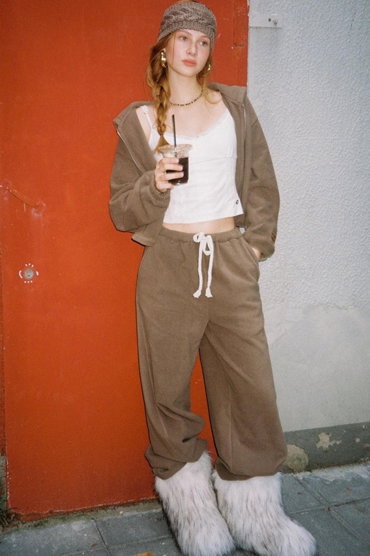 Khaki Fleece Bunny Ear Cardigan Set-Up