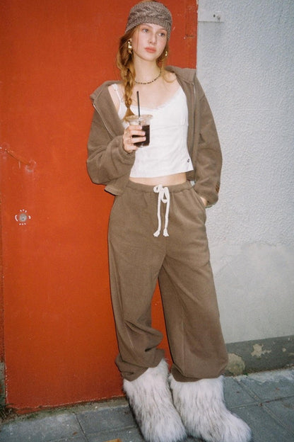 Khaki Fleece Bunny Ear Cardigan Set-Up