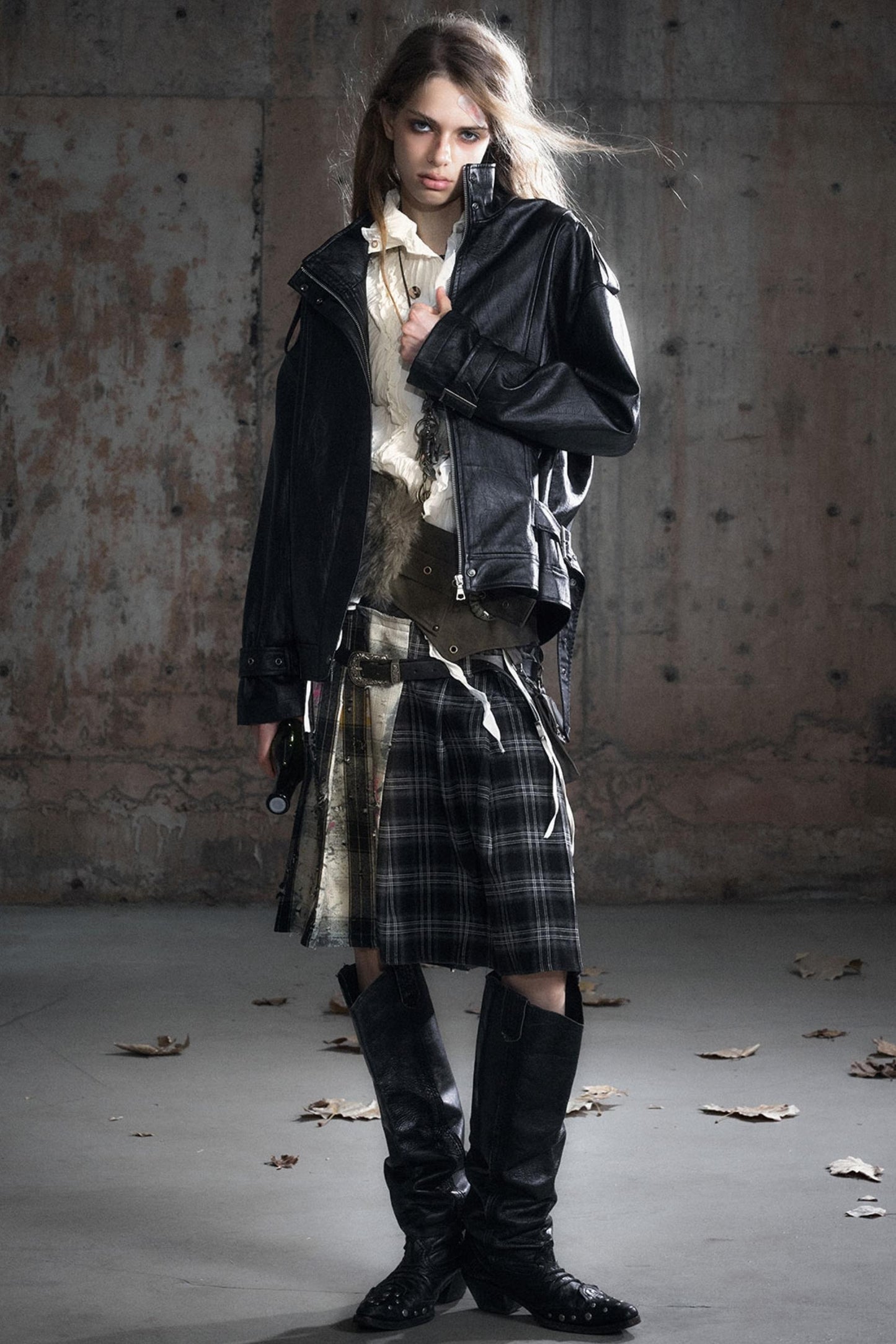 Leather Waist Plaid Pleated Skirt