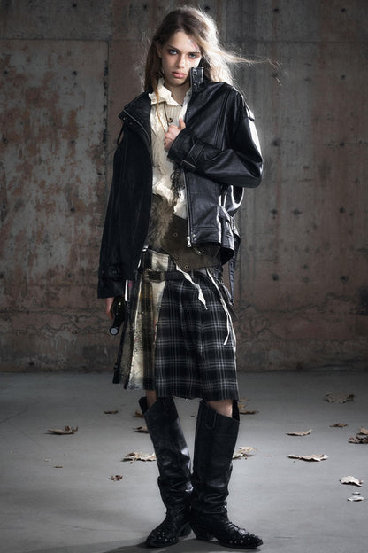 Leather Waist Plaid Pleated Skirt