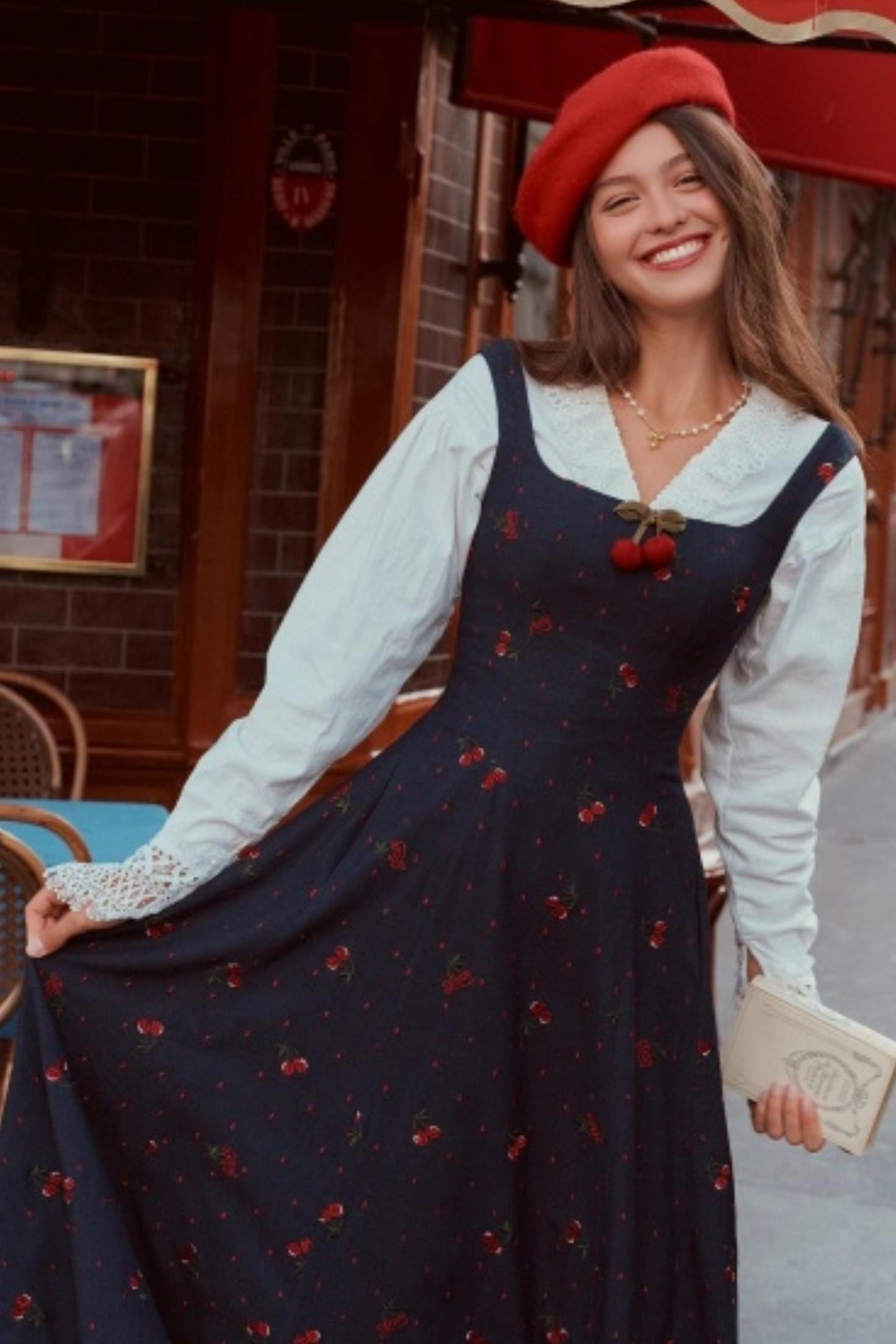 Cherry Lace Embroidered Denim Dress Set-Up