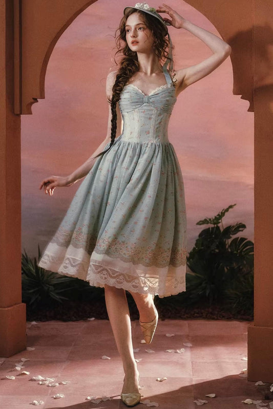 Green Floral Sweet Strap Dress