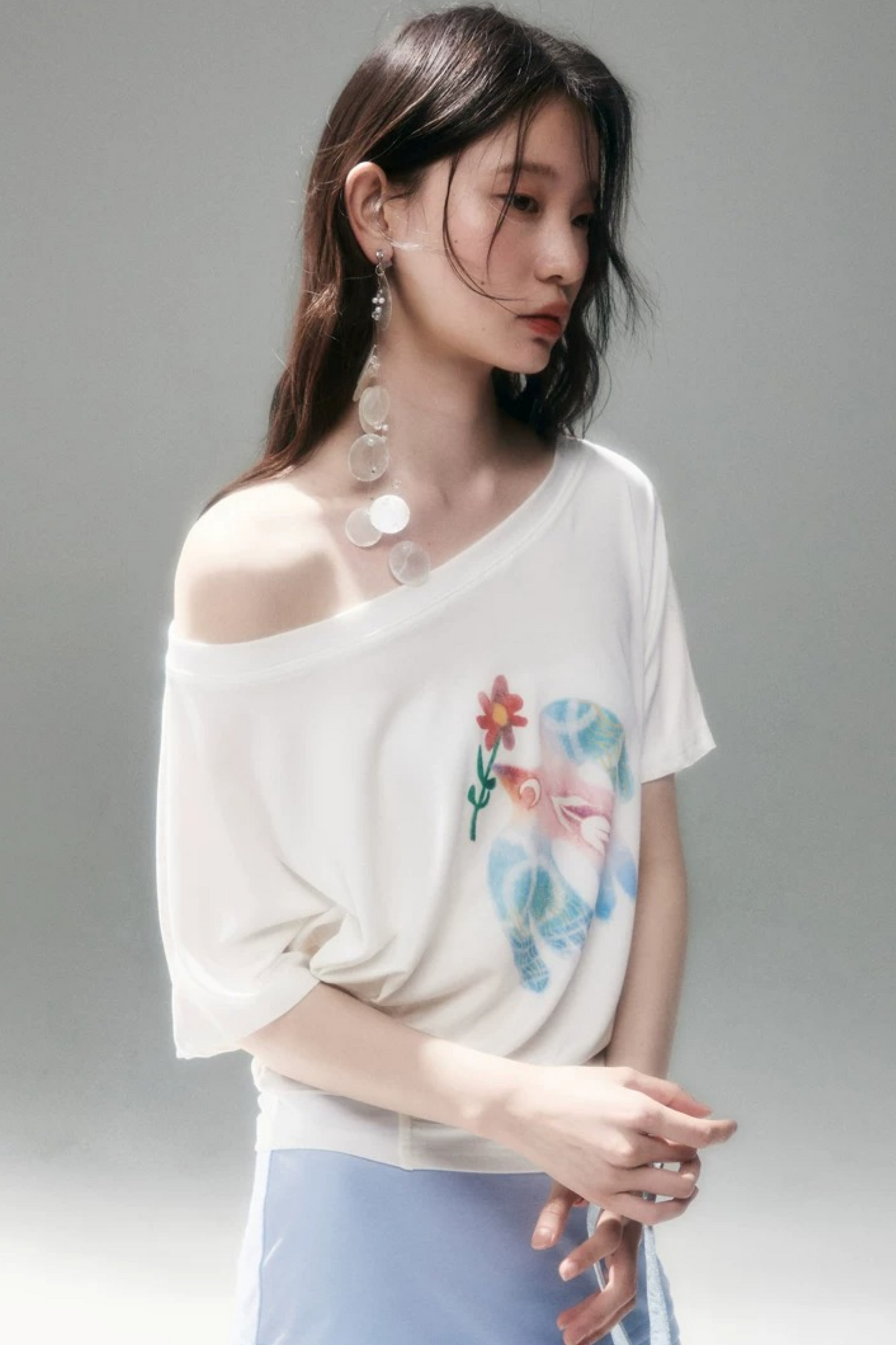 Mint Bird Print Off-Shoulder Ruched Top