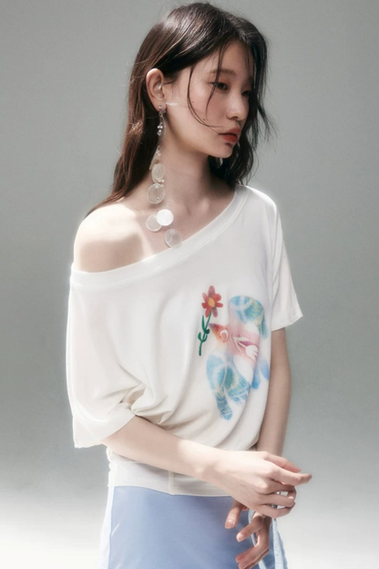 Mint Bird Print Off-Shoulder Ruched Top