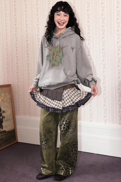 Cotton Washed Leopard Print Denim Pants