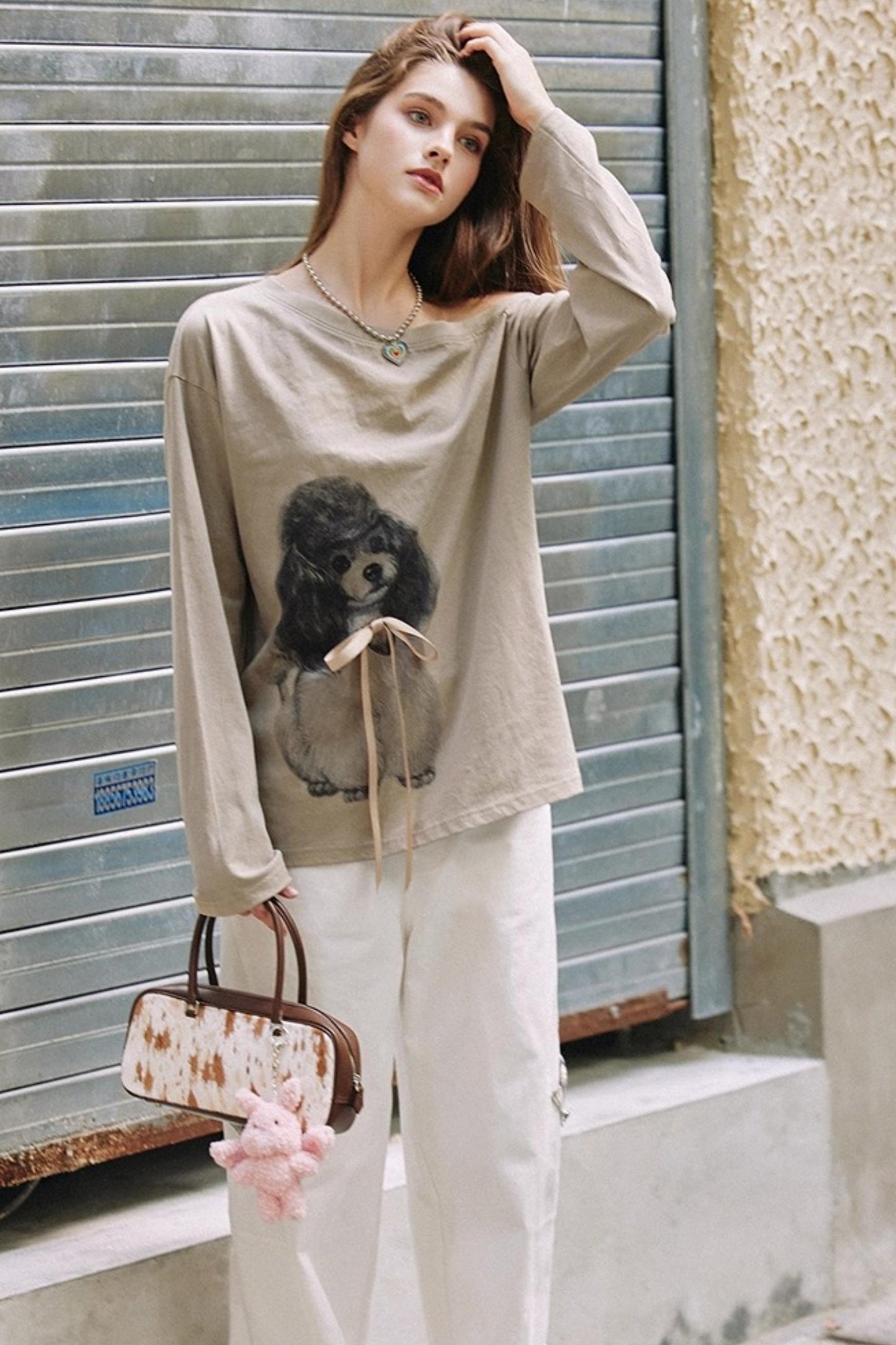 Khaki Bow knot Off-Shoulder T-Shirt