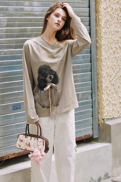 Khaki Bow knot Off-Shoulder T-Shirt
