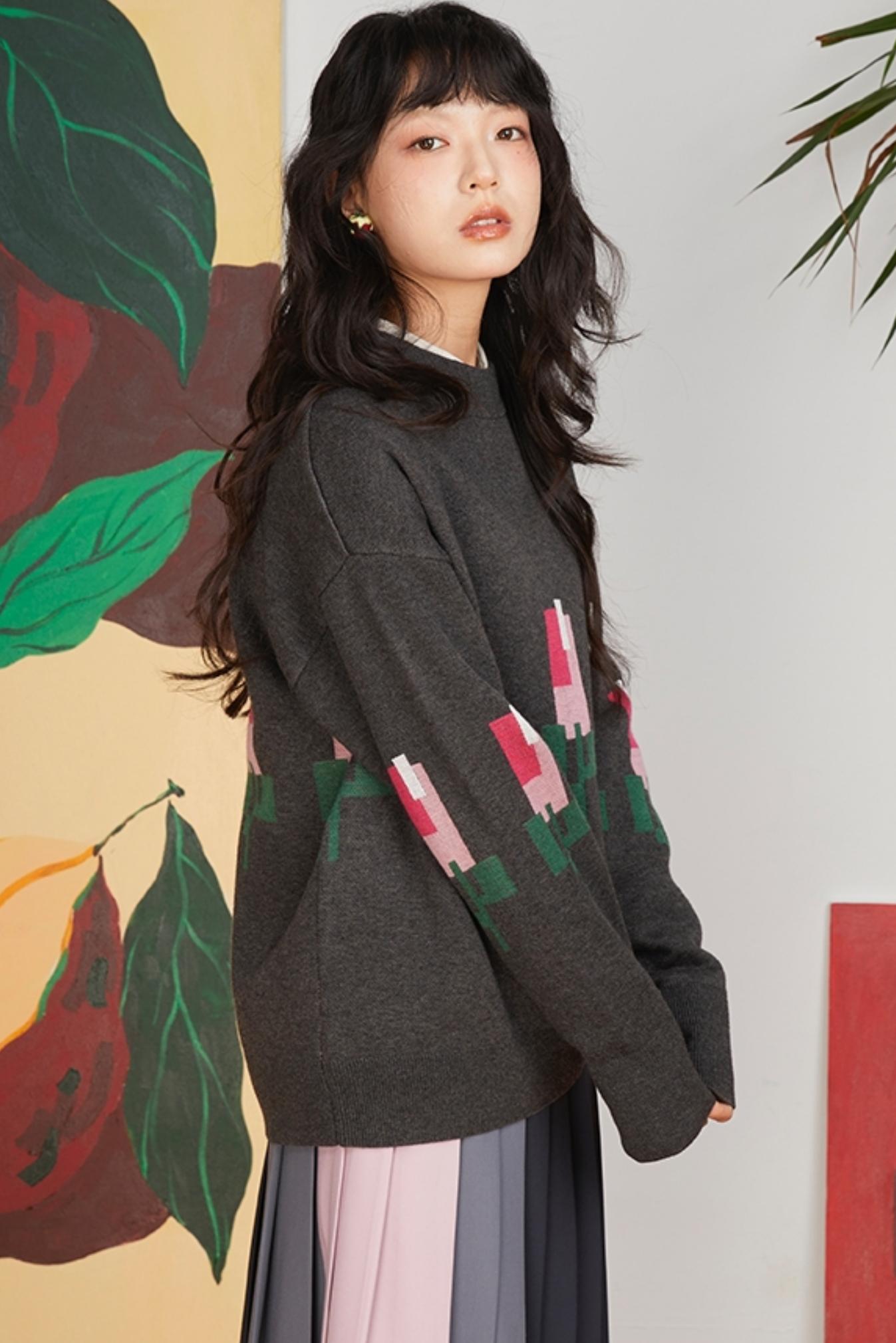 Jacquard Tulip Wool Knit Pullover