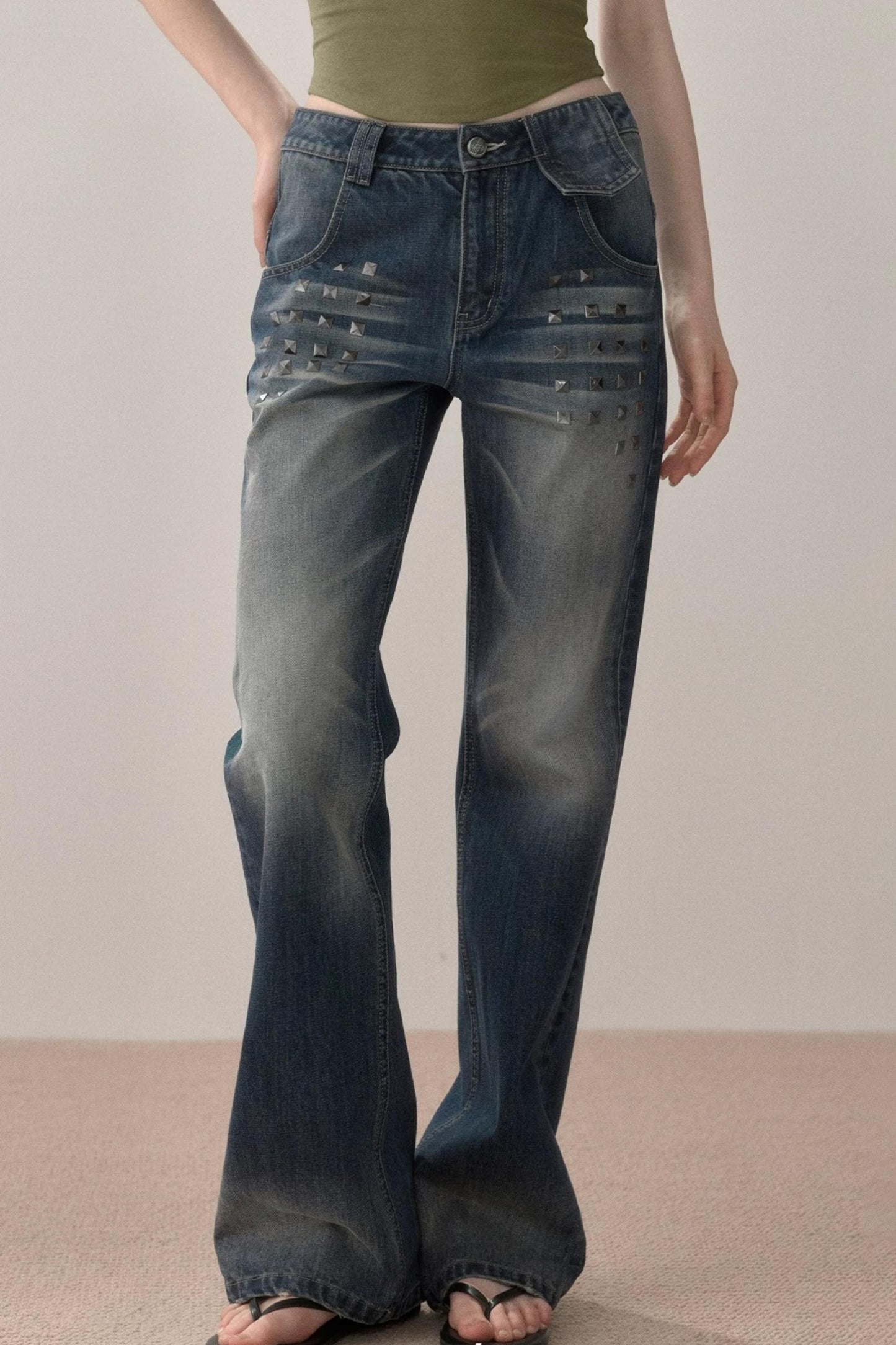 Retro Studded Rhinestone Jeans