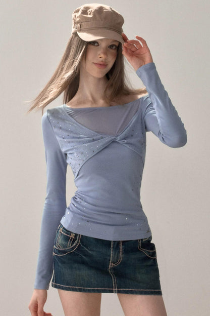 Rhinestone Twist Slim Blouse