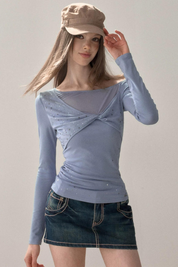 Rhinestone Twist Slim Blouse