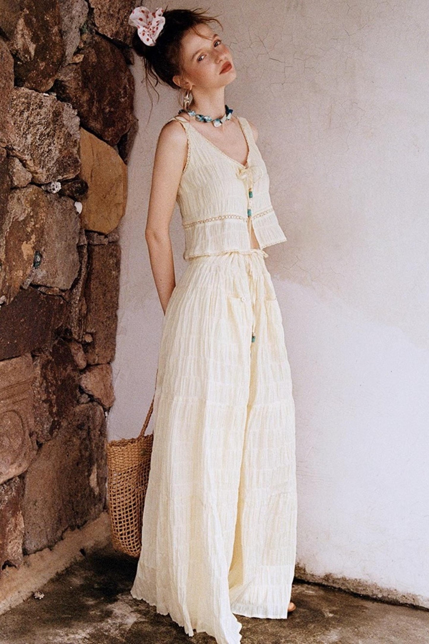 Beige Textured Lace Skirt Set-Up