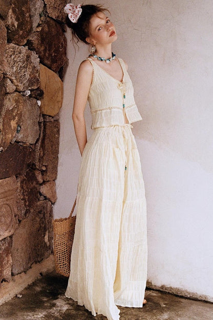 Beige Textured Lace Skirt Set-Up