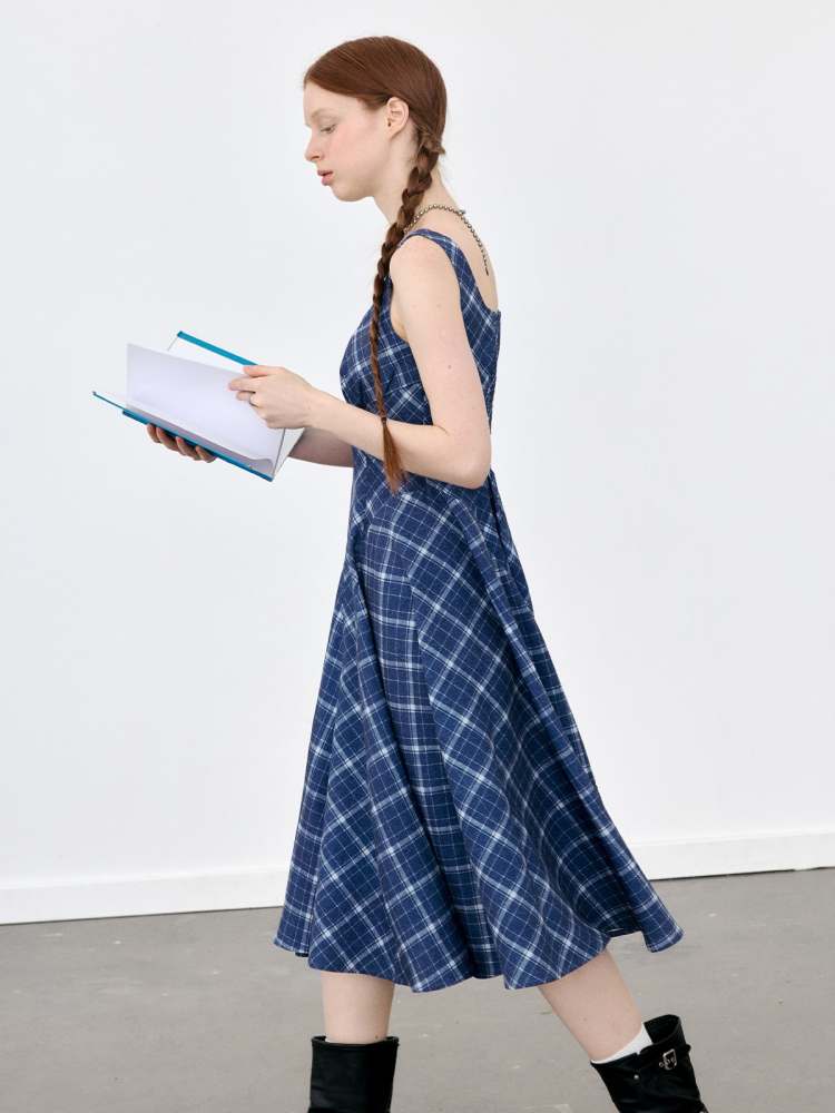 Plaid Suspender Long Flare Dress