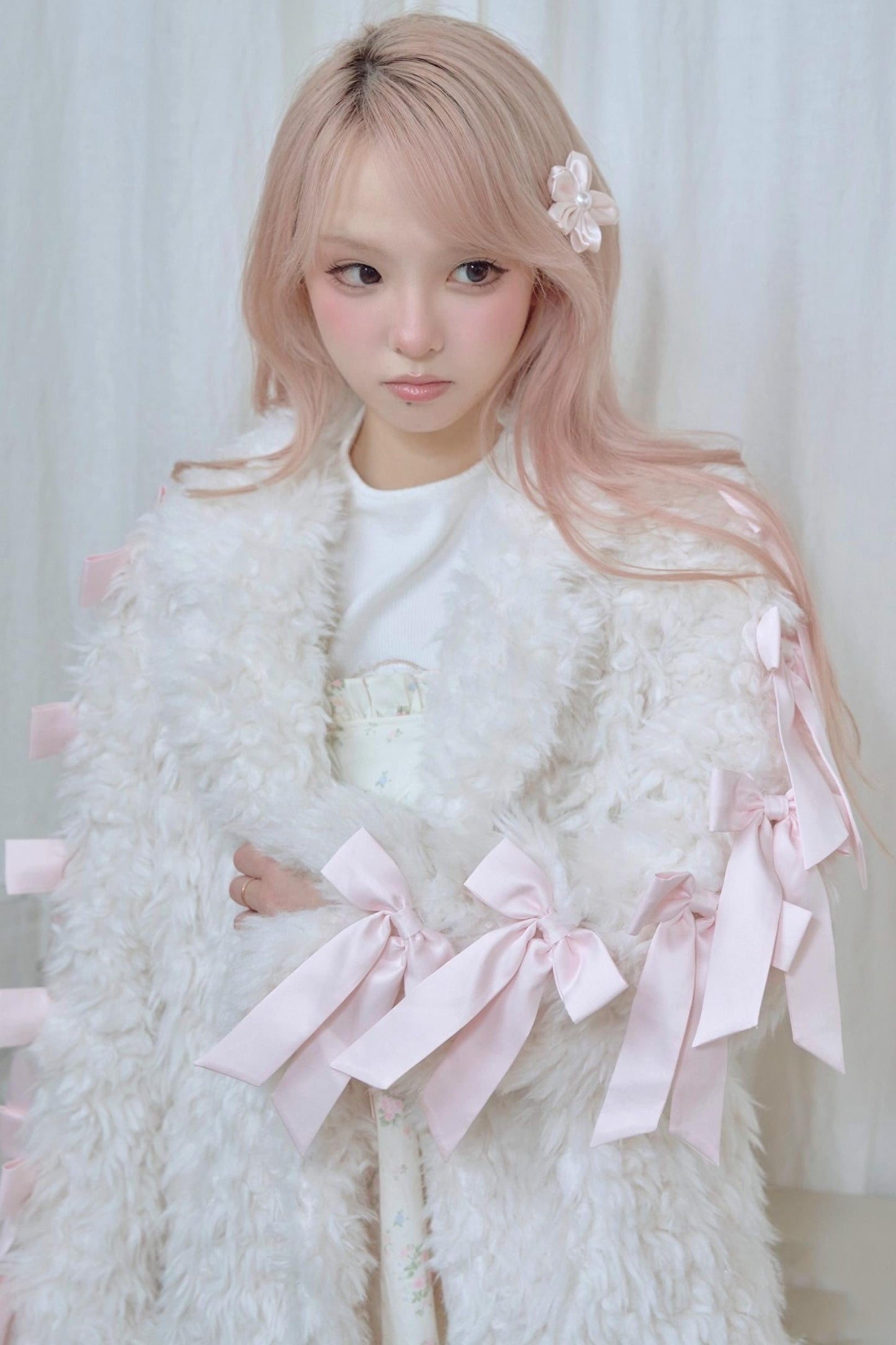 White Satin Bow Lamb Fur Coat