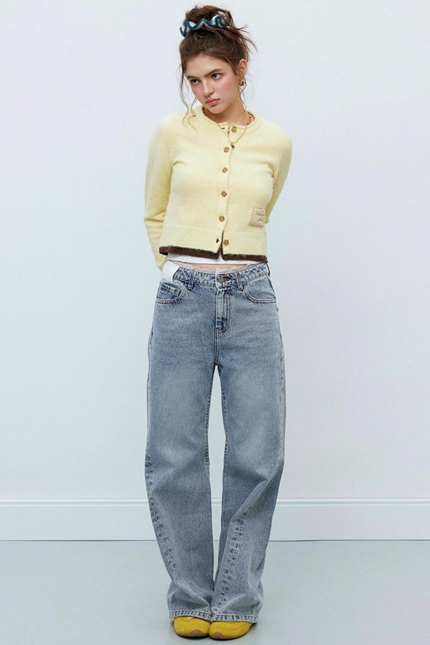 Distressed Lace Waist Loose Jeans