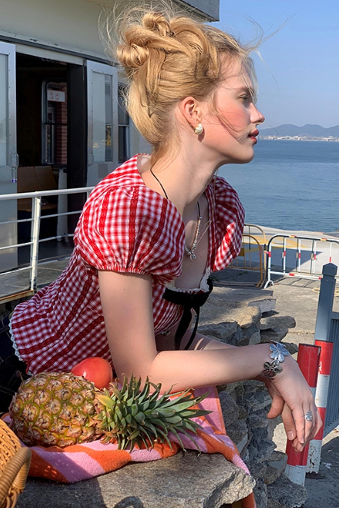 Pink Lace Bubble Sleeve Top