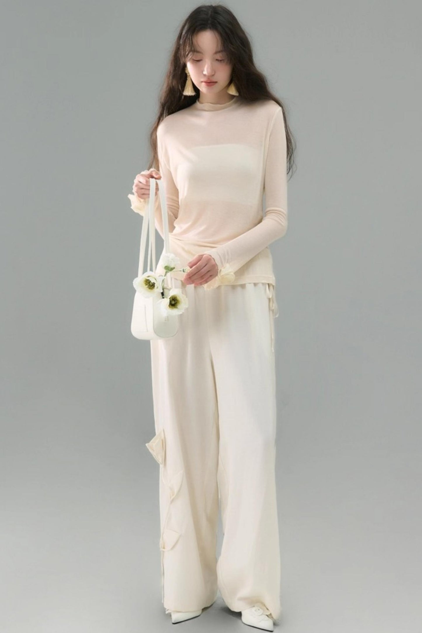Three-Dimensional Calla Lily Linen Blend Wide-Leg Pants