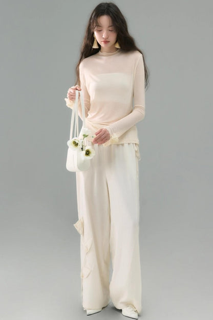Three-Dimensional Calla Lily Linen Blend Wide-Leg Pants