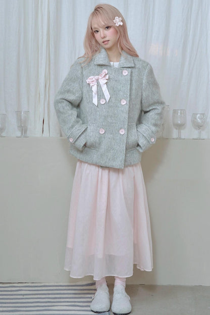 Lace Pleated Panel Pink Long Skirt