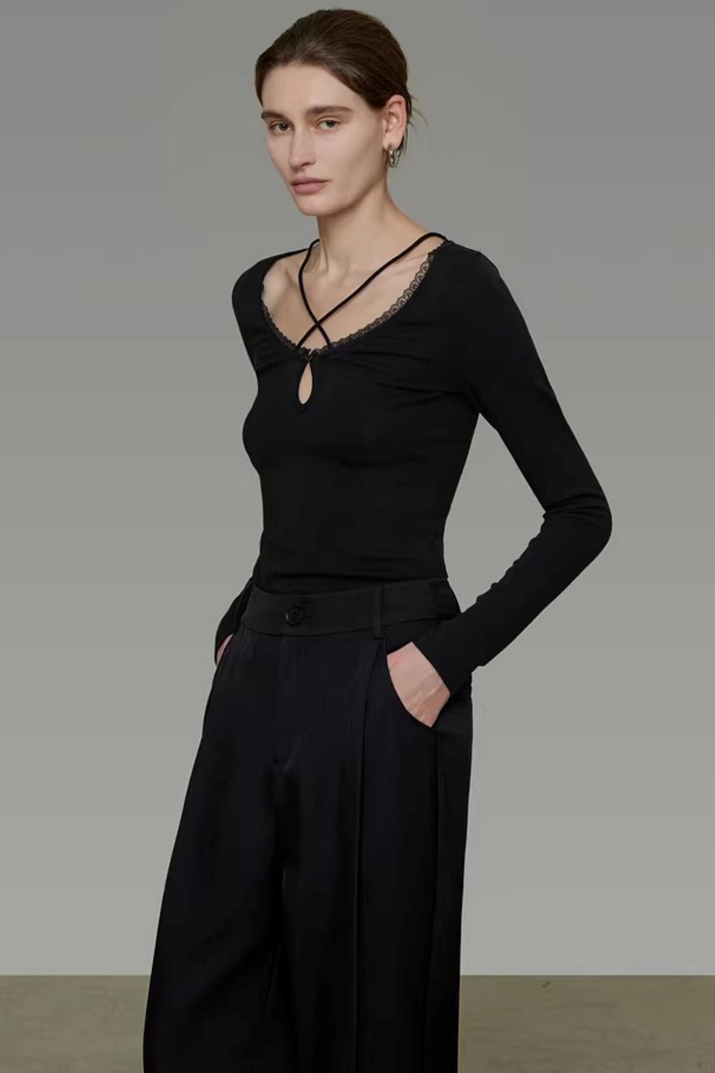 Black Cross-Neck Knit Sweater