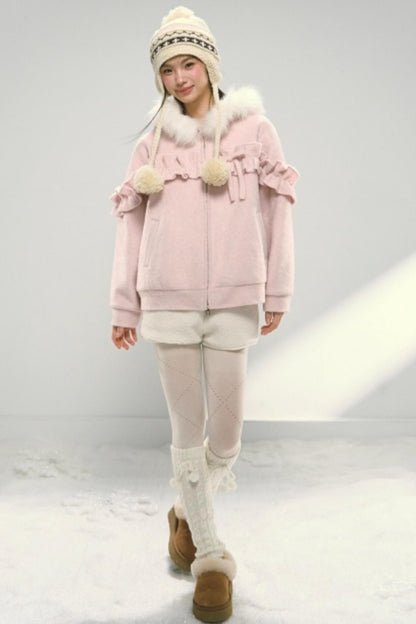 Lace Hooded Cotton Tweed Zip Jacket