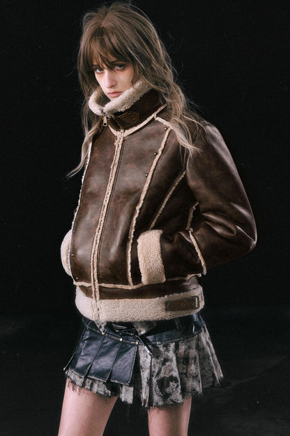 Brown Fleece Retro Biker Jacket