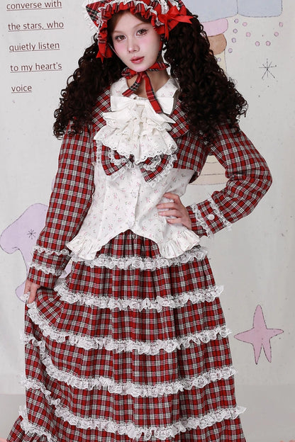 Christmas Red Checkered Bow Short Jacket