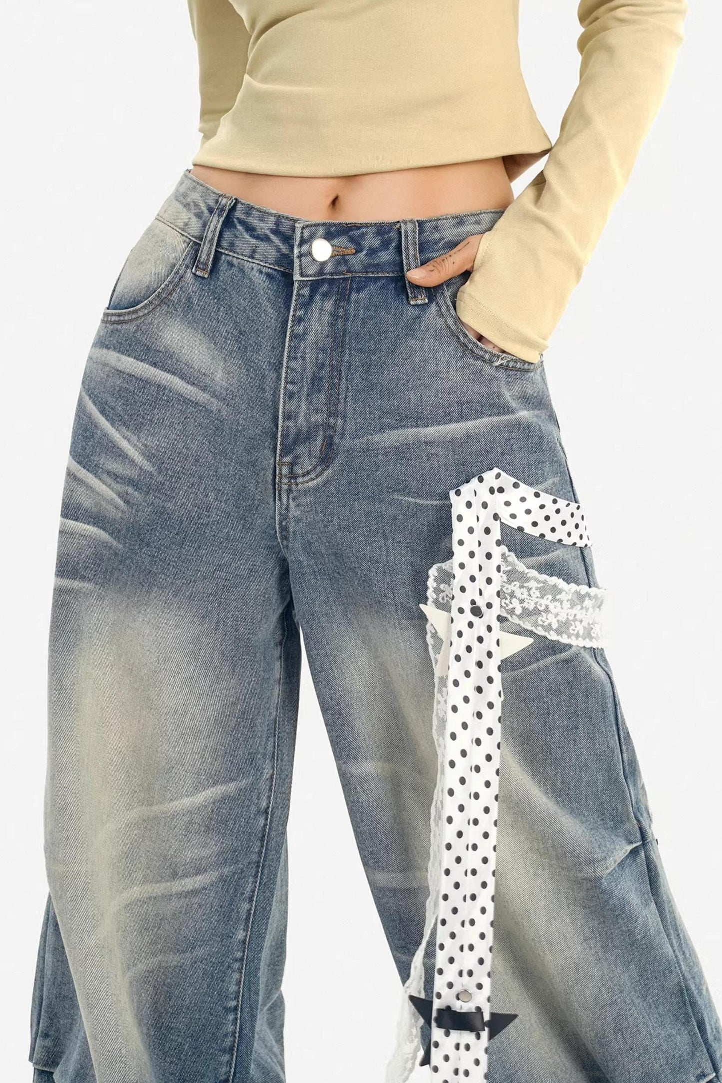 Textured Wide-Leg Denim Pants