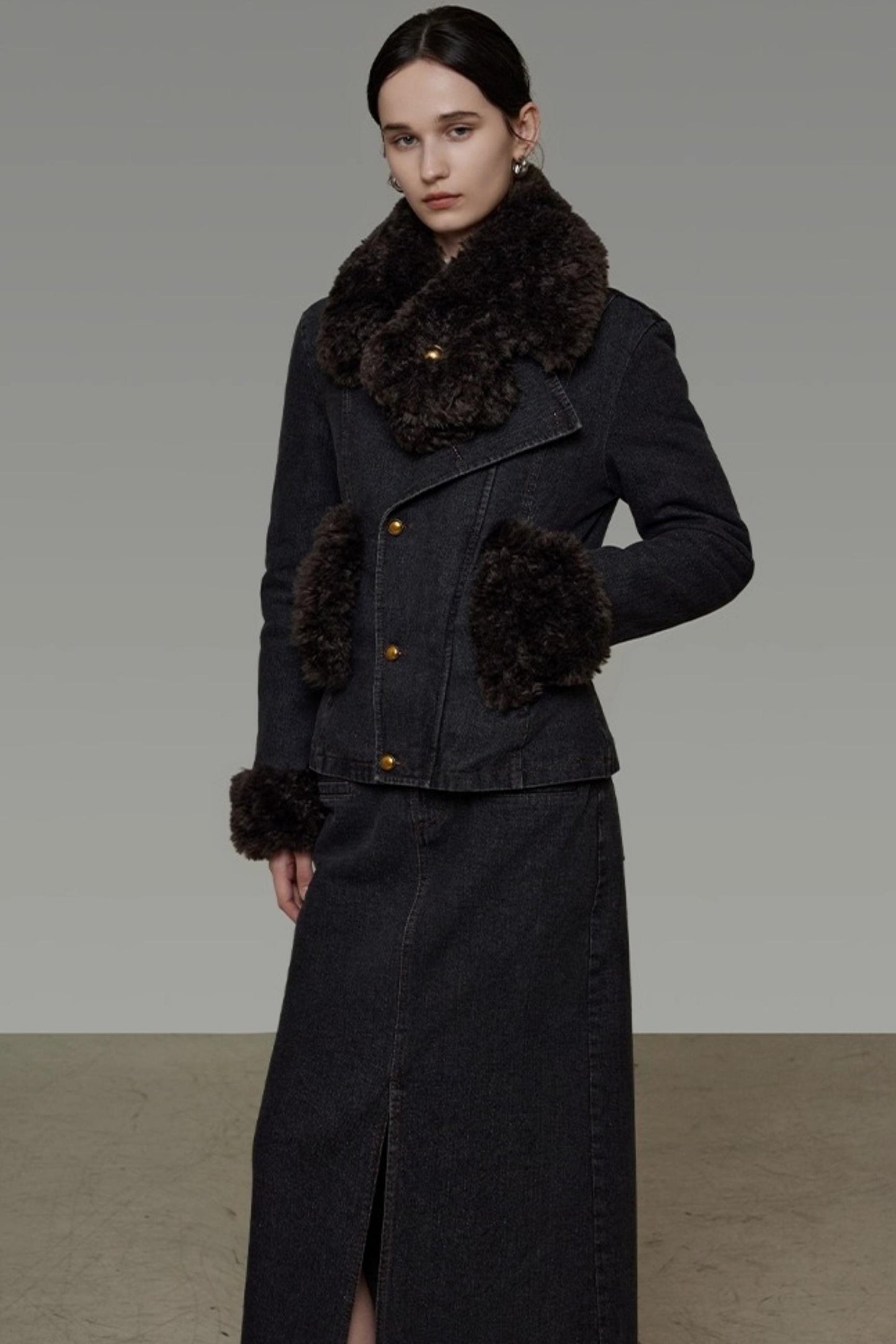 Patchwork Fur Collar Denim Jacket Set-Up