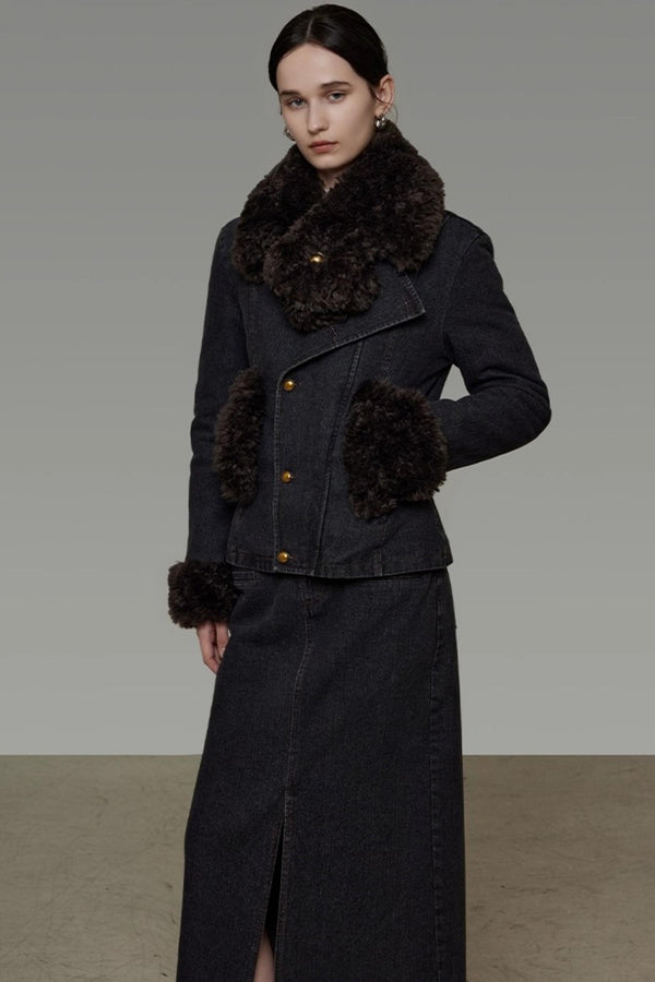 Patchwork Fur Collar Denim Jacket Set-Up