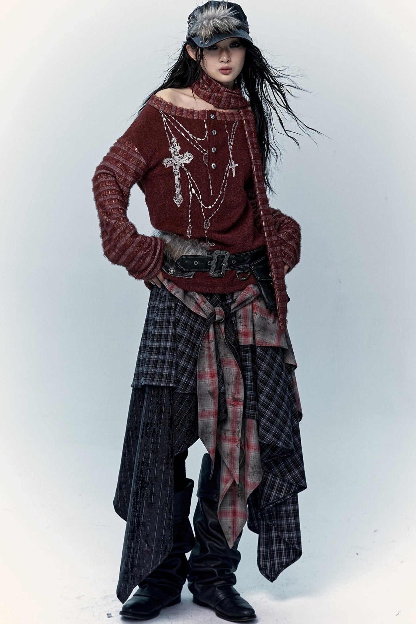 Multi-Layer Check Long Skirt