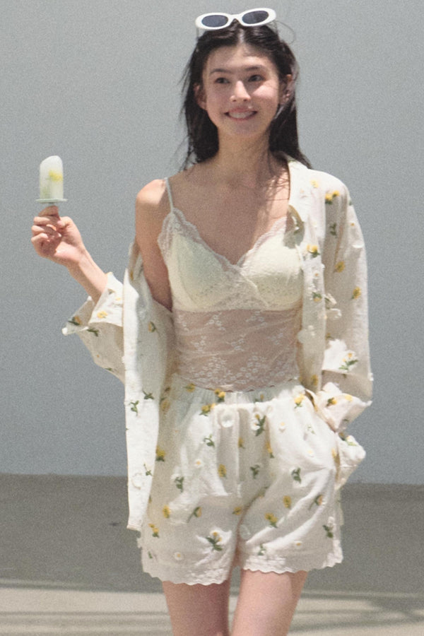 Zero Flowers Cotton Embroidered Casual Shirt Shorts Set-Up