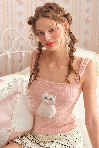 Pink Cat Knit Camisole Set-Up
