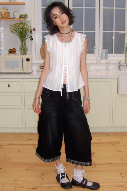 Patchwork Plaid Rhinestone Jeans
