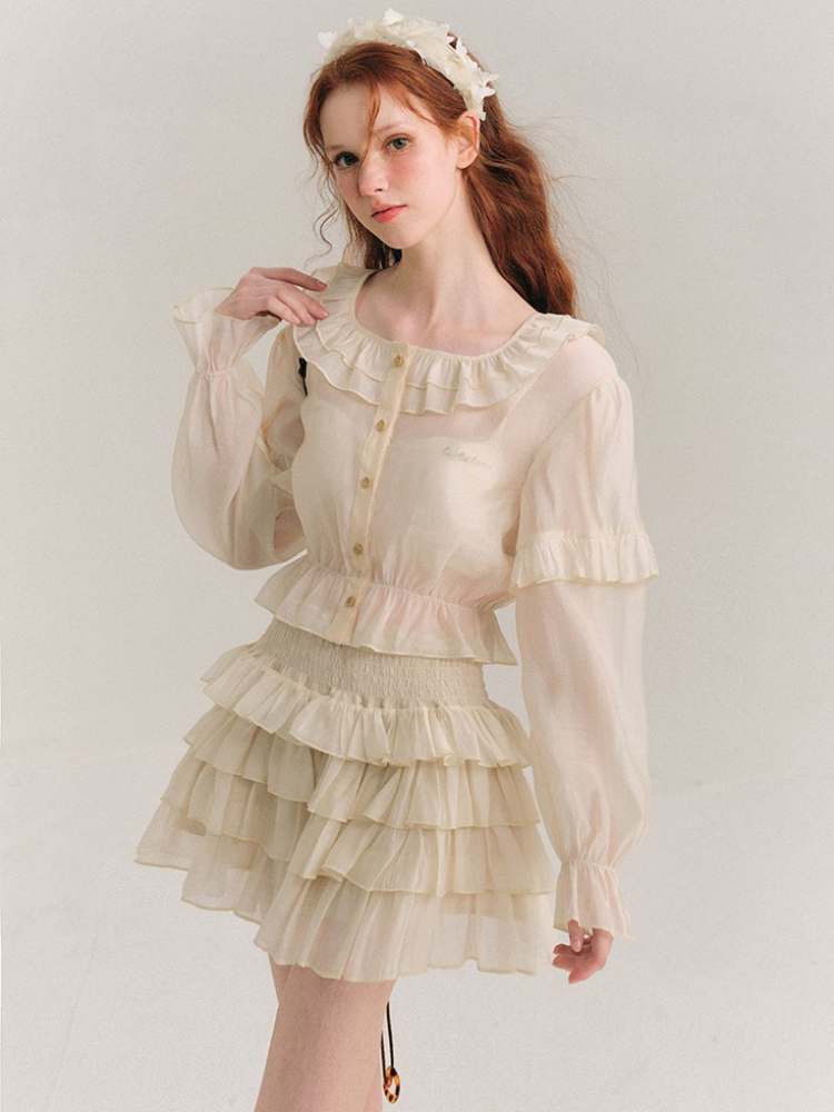 Ruffle Collar Shirt & Cake Mini Skirt