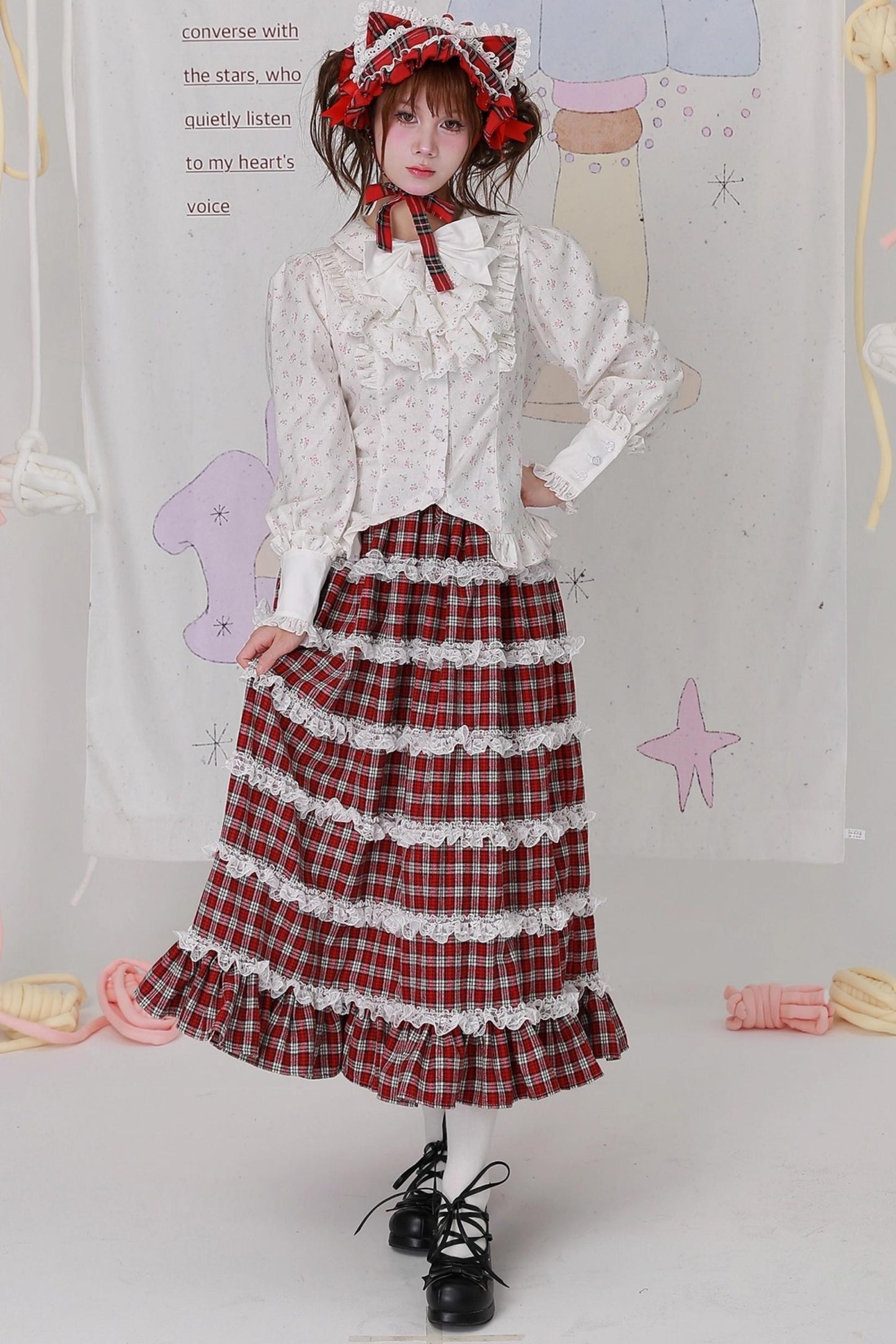 Retro Cute White Floral Top & Scarf Set